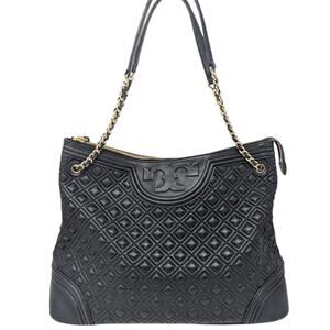 Tory Burch Fleming Black Leather Shoulder Bag Quilted Chain Top Zip